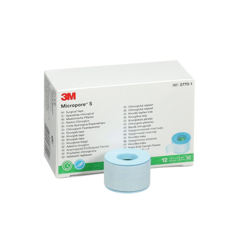 Micropore 3Mâ„¢ Microporeâ„¢ S Surgical Tape, 2770-1, 1 inch x 5.5 yard (2.5 cm x 5 m), 12 Roll/Carton, 10 Carton/Case - Image 1
